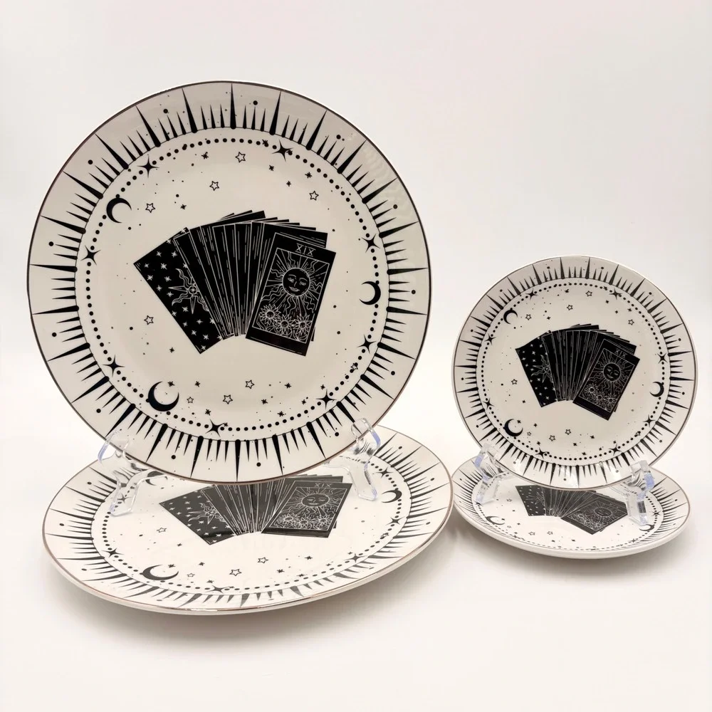 10 Strawberry Street Tarot Card Celestial Plate Set 4pc Black White Gold Gothic